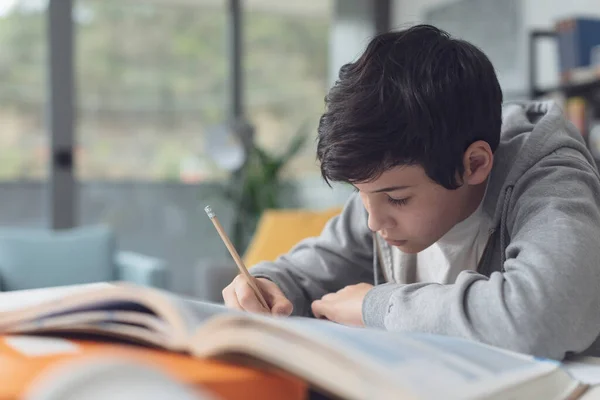 Cute Boy Sitting Desk Studying Reading Writing Notes — Stock Photo, Image