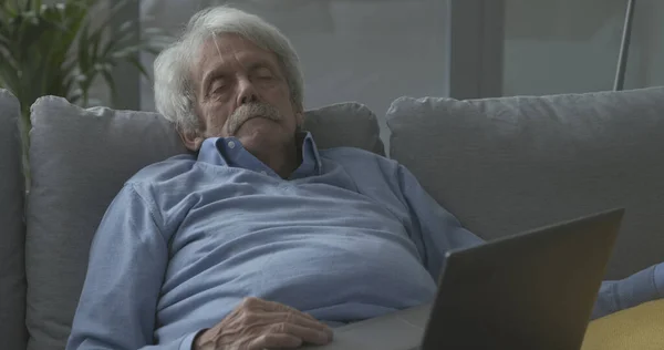 Senior Man Sitting Couch Home Sleeping — Stock Photo, Image