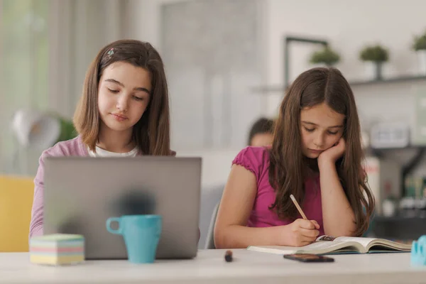Young Girls Sitting Desk Studying Using Laptop Reading Book —  Fotos de Stock