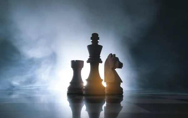 Chess Pieces Chessboard Smoke Challenge Competition Concept — Stock Photo, Image