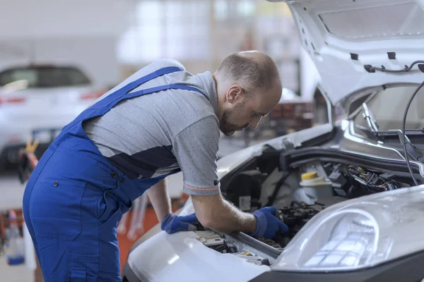 Profesyonel tamirci araba motoru ve araba tamir hizmeti konseptini kontrol ediyor.