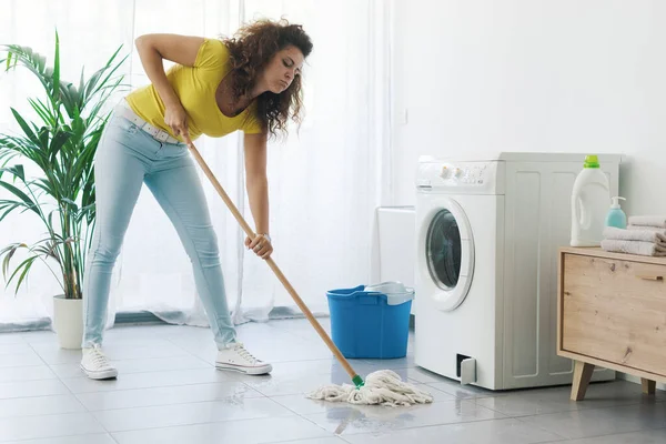 Broken Washing Machine Leaking Water Floor Disappointed Woman Cleaning Mop — Stock Photo, Image
