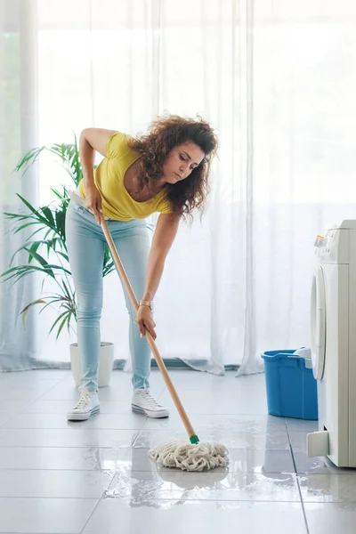 Broken Washing Machine Leaking Water Floor Disappointed Woman Cleaning Mop — Stock Photo, Image