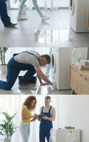 Fontanero Profesional Reparando Una Lavadora Mujer Muestra Aparato Fugas Hombre — Foto de Stock