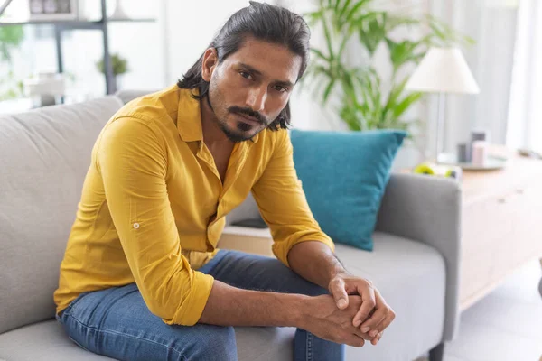 Confident Handsome Young Man Relaxing Couch Home Looking Camera — Stock Photo, Image