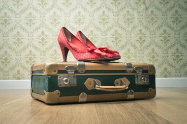 Vintage suitcase and red shoes clipart