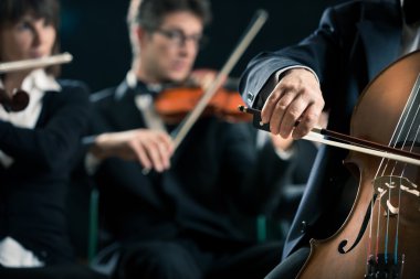 Senfoni Orkestrası: viyolonsel çalar yakın çekim