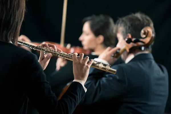 Esecuzione dell'orchestra sinfonica: primo piano flautista — Foto Stock