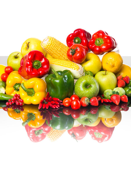 Healthy vegetables and fruits on white background