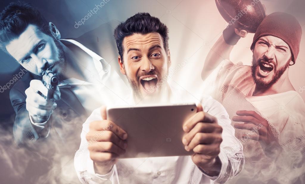 Man watching videos on tablet