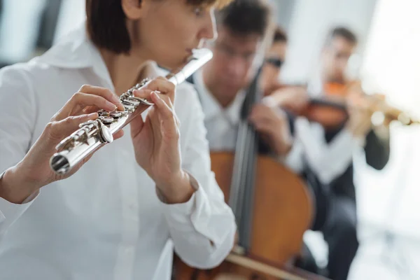 Female flustist playing her instrument — Stock Photo, Image