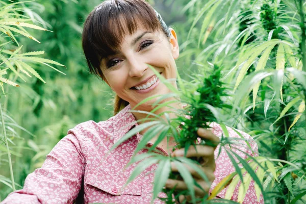 Χαμογελώντας νεαρή γυναίκα σε έναν κήπο κάνναβης — Φωτογραφία Αρχείου