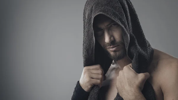 Man covering his head with a towel — Stock Photo, Image