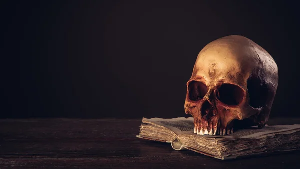 Skull on open ancient book — Stock Photo, Image