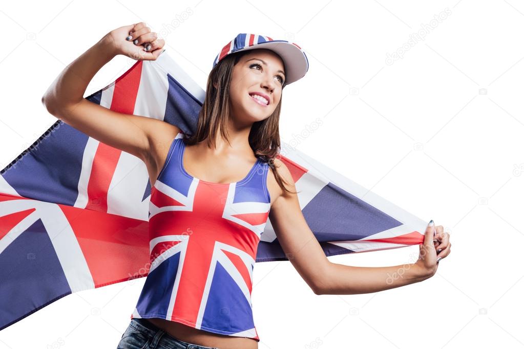 Cheerful English girl with a flag