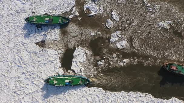 Buzkıran Gemiler Nehirde Buzları Kırıyor — Stok video