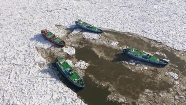 Barcos Rompehielos Aplastando Hielo Río — Vídeo de stock