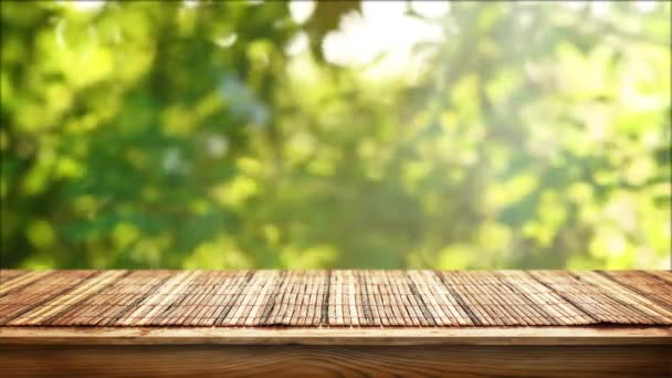 Empty Wooden Table Fresh Green Defocused Background — Vídeos de Stock