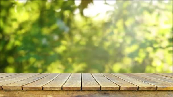 Empty Wooden Table Fresh Green Defocused Background — Vídeo de Stock