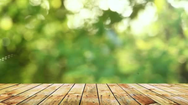 Empty Wooden Table Fresh Green Defocused Background — Vídeo de stock