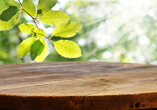 Leerer Tisch mit grünen Blättern — Stockfoto