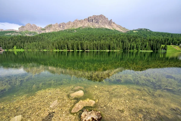 Lago Misurina y pico cime árbol — Foto de Stock