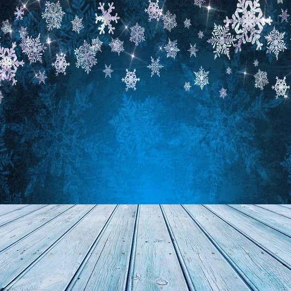 Lege tabel met blauwe Kerstmis achtergrond — Stockfoto