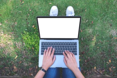 Üst görünümde, dizüstü bilgisayarında beyaz ekranla yazı yazan ve kullanan bir kadının doğa arka planına sahip açık alanda otururken görüntüsü var.