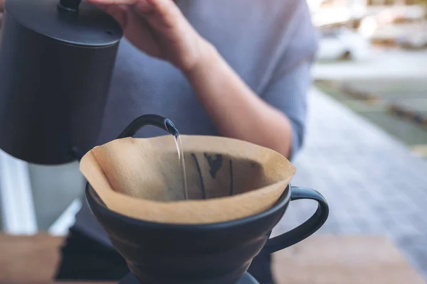 Closeup Image Woman Hand Pouring Hot Water Make Drip Coffee — Stock Photo, Image