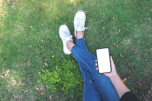 Draufsicht Attrappe Einer Frau Mit Schwarzem Handy Mit Leerem Weißen — Stockfoto