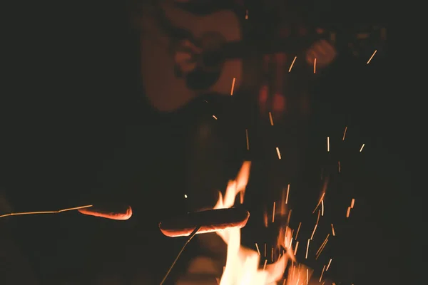 People Grilled Sausages Playing Guitar Campfire Dark Night — Stock Photo, Image