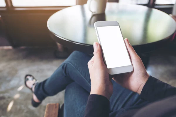 Imagem Improvisada Mão Uma Mulher Segurando Telefone Celular Branco Com — Fotografia de Stock