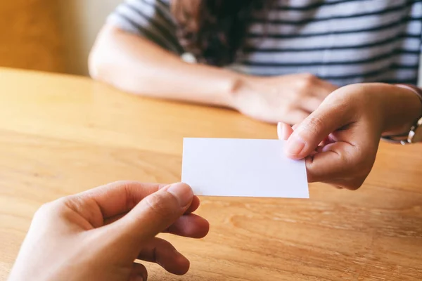 Two Businessman Holding Exchanging Empty Business Card — Stock Photo, Image