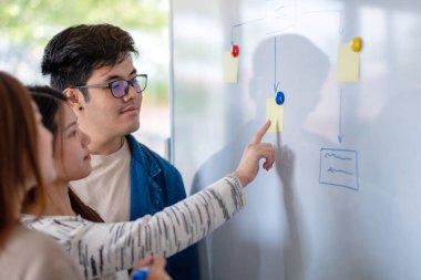 Bir grup iş adamı ofiste beyaz tahtayla fikirleri tartışıyor ve inceliyor.