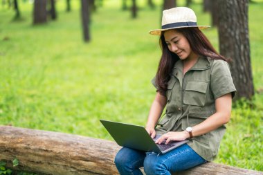 Parktaki bir kütüğün üzerinde otururken dizüstü bilgisayarda yazan Asyalı güzel bir kadın.