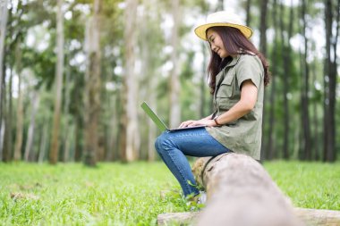Parktaki bir kütüğün üzerinde otururken dizüstü bilgisayarda yazan Asyalı güzel bir kadın.