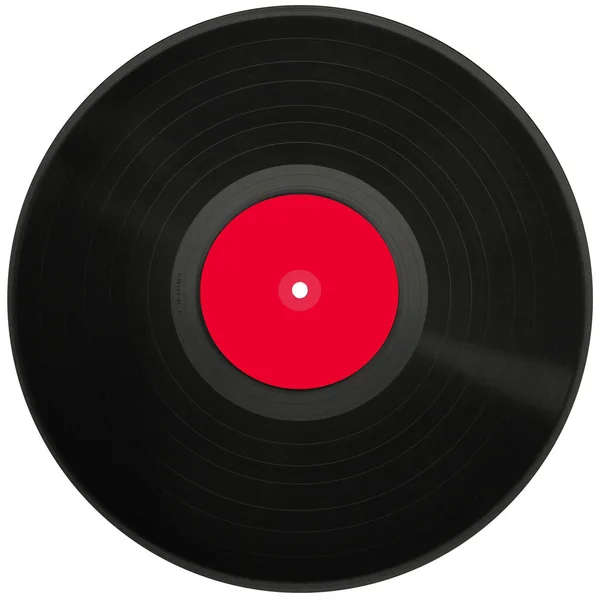 白い背景に隔離された古い黒いビニールレコード ブラックビニールレコードは音楽ヴィンテージを再生します 赤ラベル — ストック写真