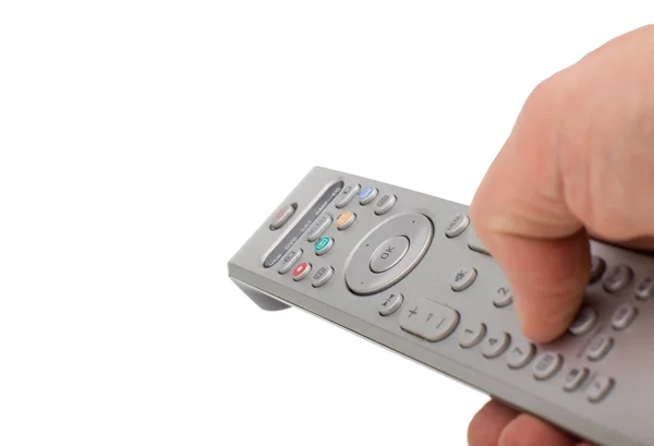 Hand Pressing Silver Remote Control Isolated White Background Silver Remote — Stock Photo, Image