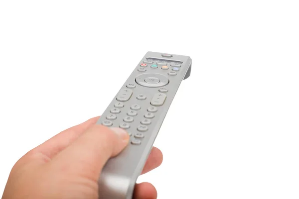 Silver Remote Control Hand Isolated Closeup Male Hand Changing Channel — Stock Photo, Image