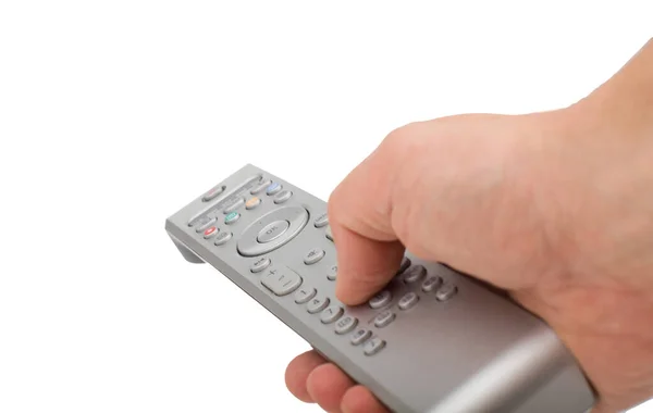 Male Hand Changing Channel Remote Control Isolated Hand Pressing Silver — Stock Photo, Image