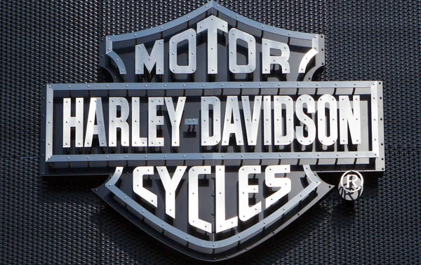stock image POZNAN, POLAND - MAY 17.2019: Harley Davidson logo shop sign dealership store brand. Metal Harley-Davidson branding displayed in the brand showroom.