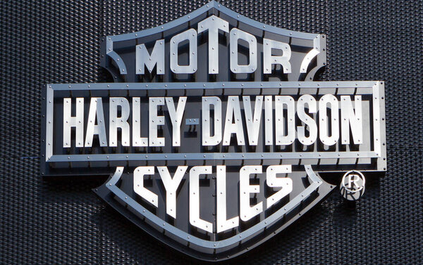 POZNAN, POLAND - MAY 17.2019: Harley Davidson logo shop sign dealership store brand. Metal Harley-Davidson branding displayed in the brand showroom.