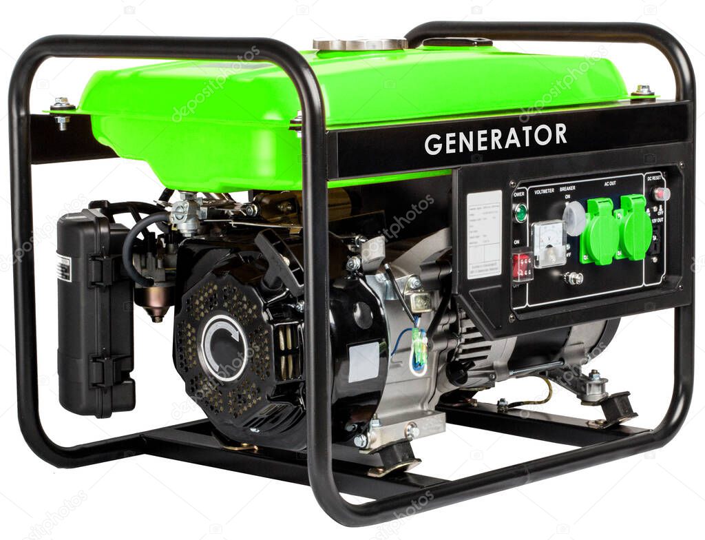 Portable Electric AC Generator - Mobile Gasoline Generators, isolated on white. Industrial and home immovable power generator on a white background.