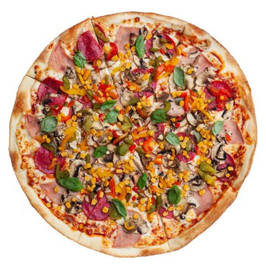 Üst görünüm düz pizza beyaz arka planda izole. Yüksek çözünürlük.