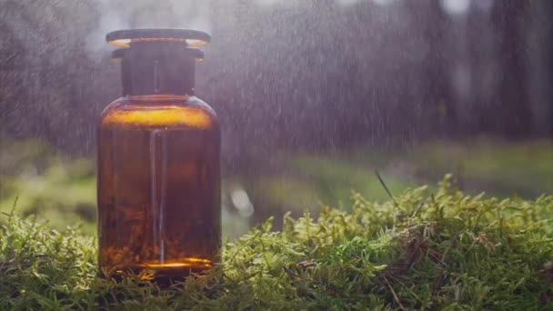Botella Medicina Sobre Musgo Verde Bosque Rociado Con Agua Concepto — Vídeo de stock