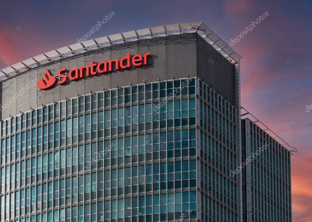 Poland, Poznan - April 26, 2021: Santander logo in the Santander bank office building. Santander is a Spanish bank founded in 1857,