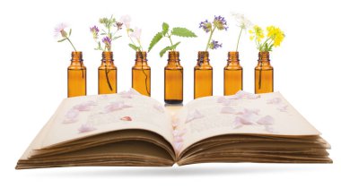 Bach Flowers Bottles adn book Homeopathy Medicine. Concept clipart