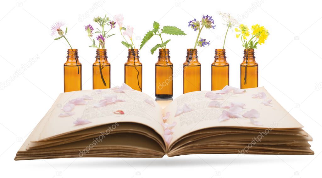 Bach Flowers Bottles adn book Homeopathy Medicine. Concept