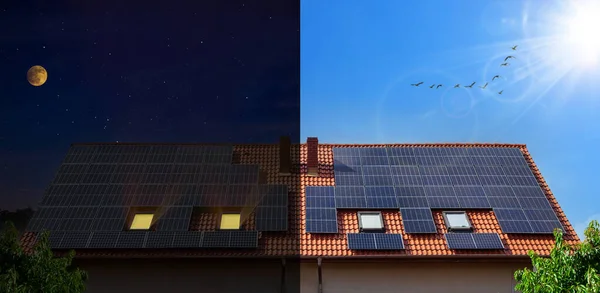 Painéis Solares Casa Durante Dia Noite Conceitual — Fotografia de Stock