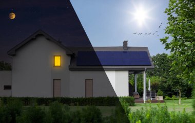 Güneş enerjisi. Güneş panelleri olan modern beyaz ev. Nasıl çalışıyor - görselleştirme